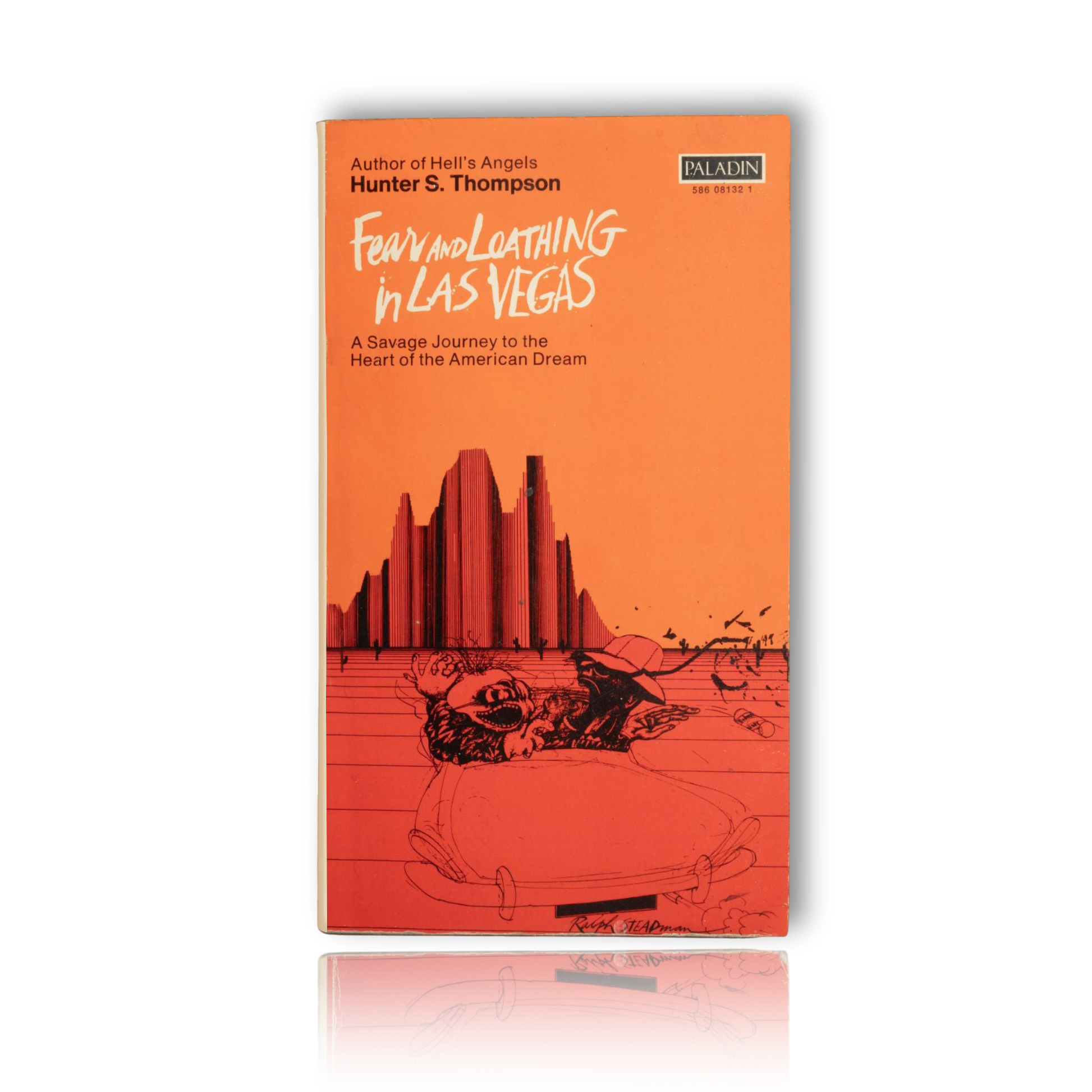Book cover of 'Fear and Loathing in Las Vegas' with orange background and graphic design.