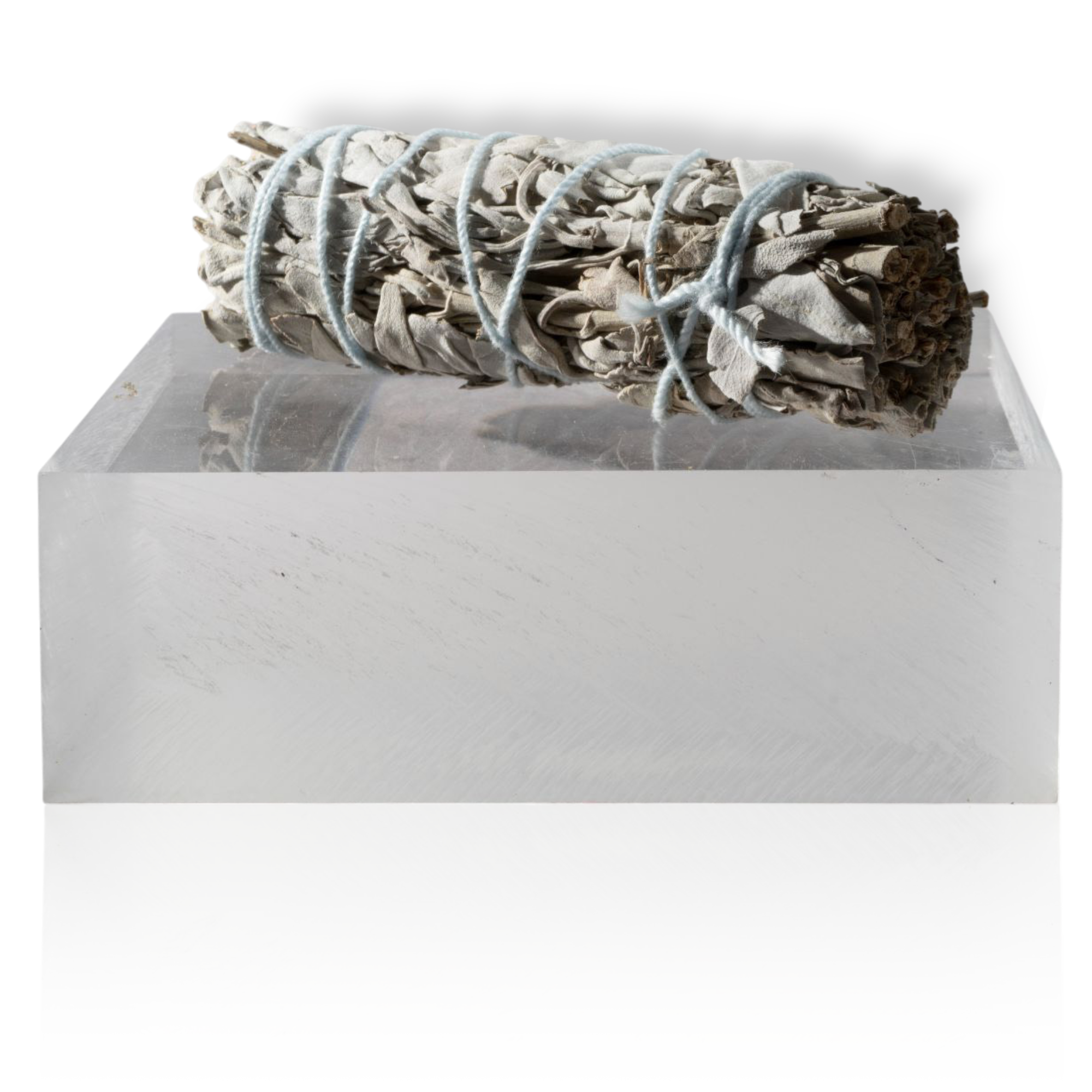 Bundled sage on a white platform with a white background