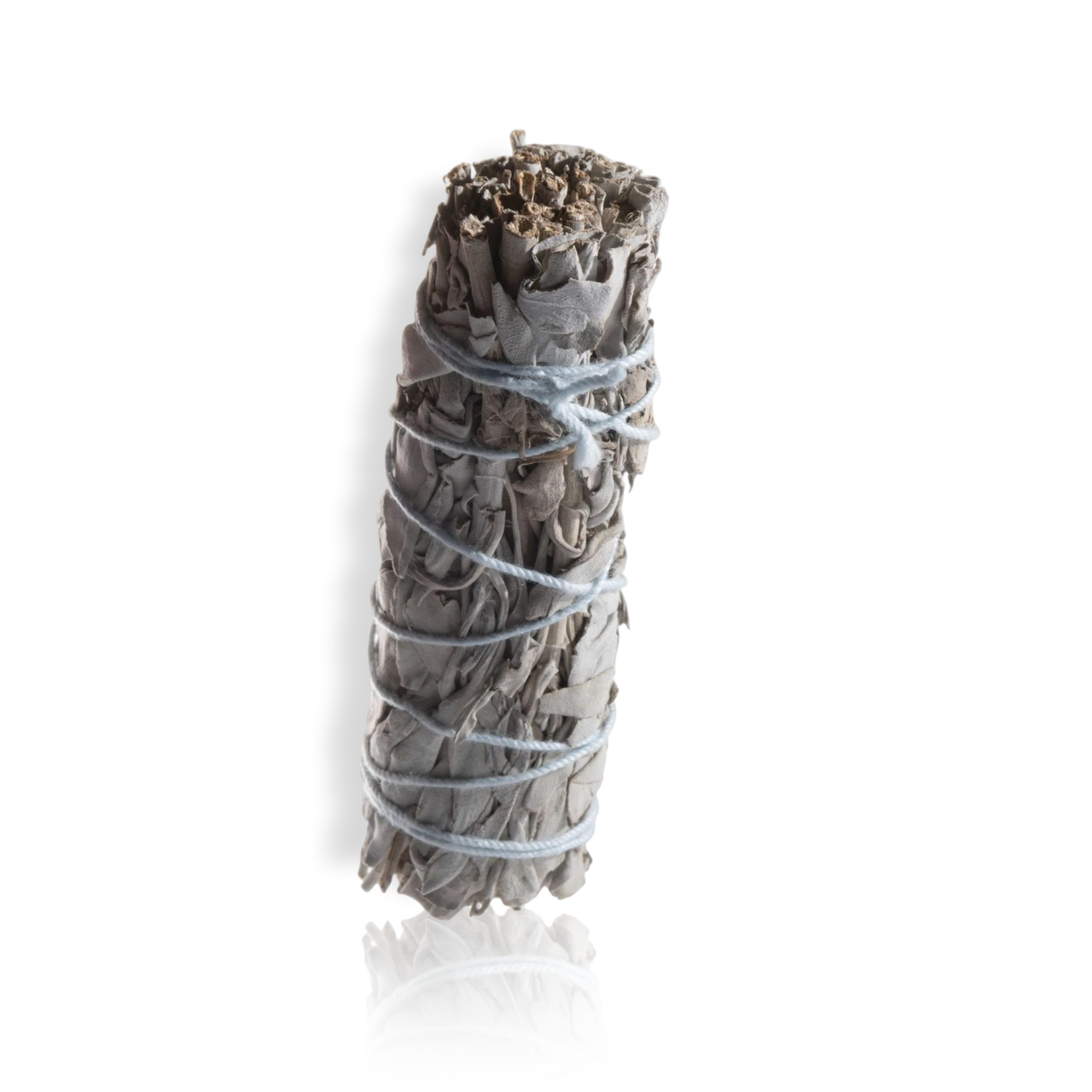 A sage smudge with a tightly bound bundle and a visible root, wrapped in brown paper, tied with string.